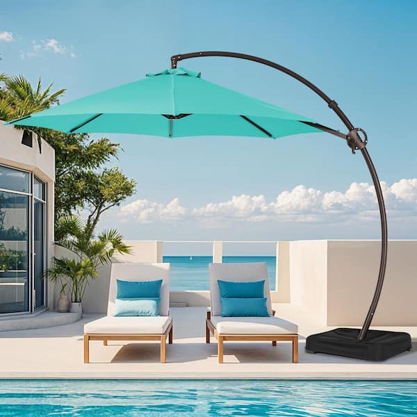 JEAREY 12 ft. Aluminum Cantilever Offset Hanging Patio Umbrella with Sandbag Base and Cover in Peacock Blue