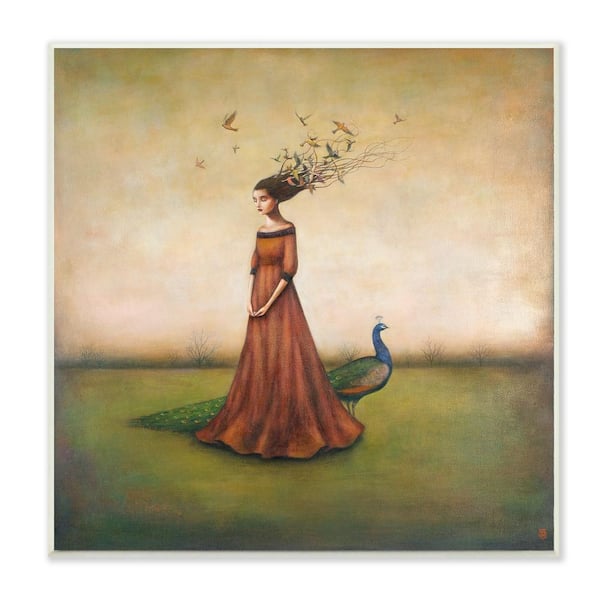 Stupell Industries 12 in. x 12 in. "Beauty and Birds in Her Hair Woman and Peacock Illustration" by Duy Huynh Wood Wall Art