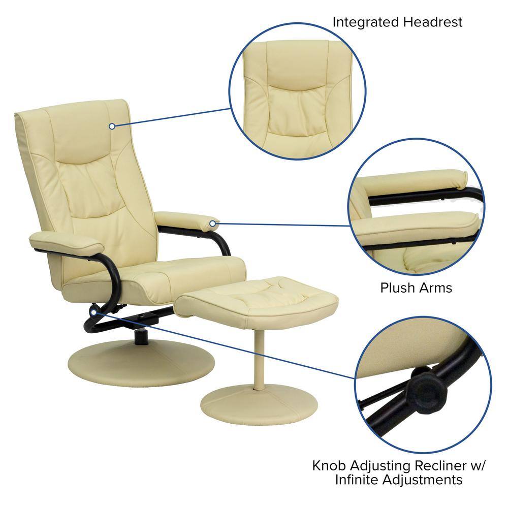 Cream Leather Swivel Recliner with Ottoman and Metal Base