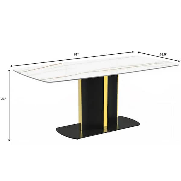 Leisuremod Sylva Modern 62 in. Rectangular Dining Table with Sintered Stone Top and Steel Pedestal Base in White/Gold, Seats 8