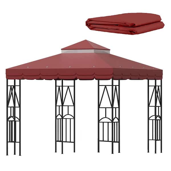 10x10 Durable Oxford Fabric Double-Tiered Gazebo Canopy Replacement Top with PVC Coating for Sunshade in Red with Lace