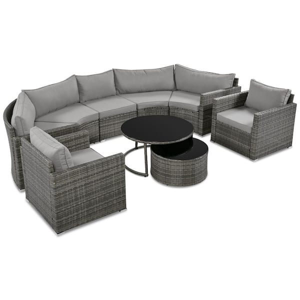 9-Pieces Large Size Wicker Outdoor Round Sectional Sofa Set, Modern Style Sofa with Gray Cushions, Coffee Table