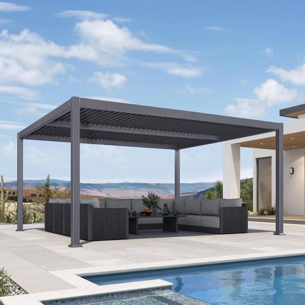 PURPLE LEAF 13.1 ft. x 15.1 ft. Gray Aluminum Outdoor Louvered Pergola with 2-Individual Adjustable Roofs and In-Built Gutter System