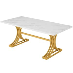 Roesler Modern White & Gold 63 in. Rectangle Wood Dining Table with Gold Metal Double Pedestal Dining Table (Seats 6)