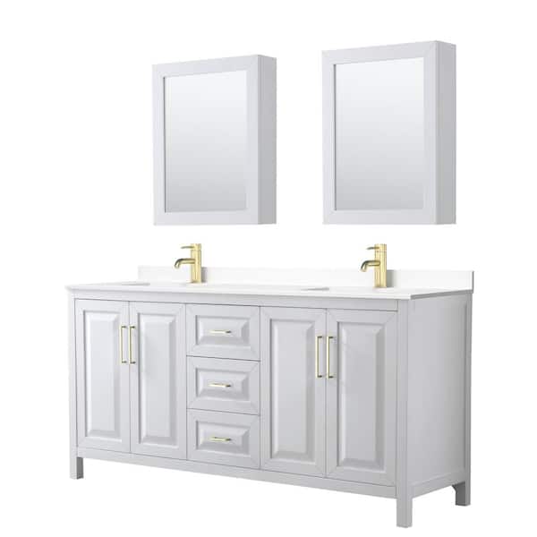 Wyndham Collection Daria 72 in. W x 22 in. D x 35.75 in. H Double Sink Bath Vanity in White with White Cult. Marble Top and MedCab Mirrors