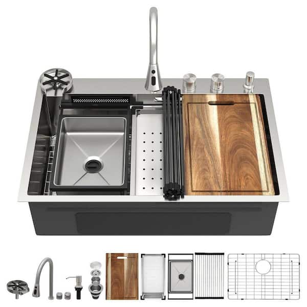 33 in. Drop-In Smart Dual-Outlet Waterfall Faucet Workstation Kitchen Sink, 16-Gauge 304 Stainless Steel Single Bowl