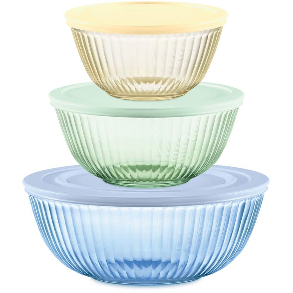 Pyrex 6-Piece Sculpted/Tinted Lidded Mixing Bowl Set in Yellow, Green and Blue