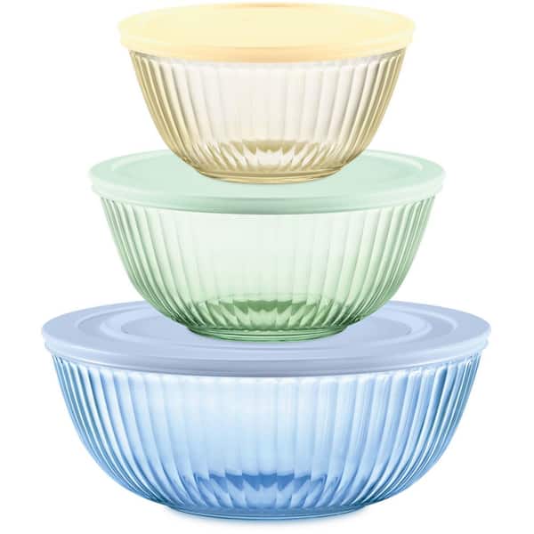 Pyrex 6-Piece Sculpted/Tinted Lidded Mixing Bowl Set in Yellow, Green and Blue