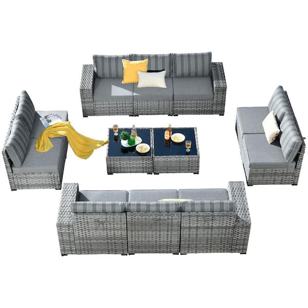 Baldwin Gray 12-Piece Wicker Wide Arm Outdoor Patio Conversation Sofa Sectional Seating Set with Gray Striped Cushions