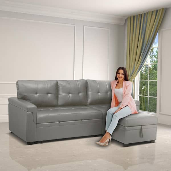 HOMESTOCK 78 in. Gray Faux Leather Twin Size 3 Seat Pull Out Sleeper Sofa Bed with Storage 40956HD The Home Depot