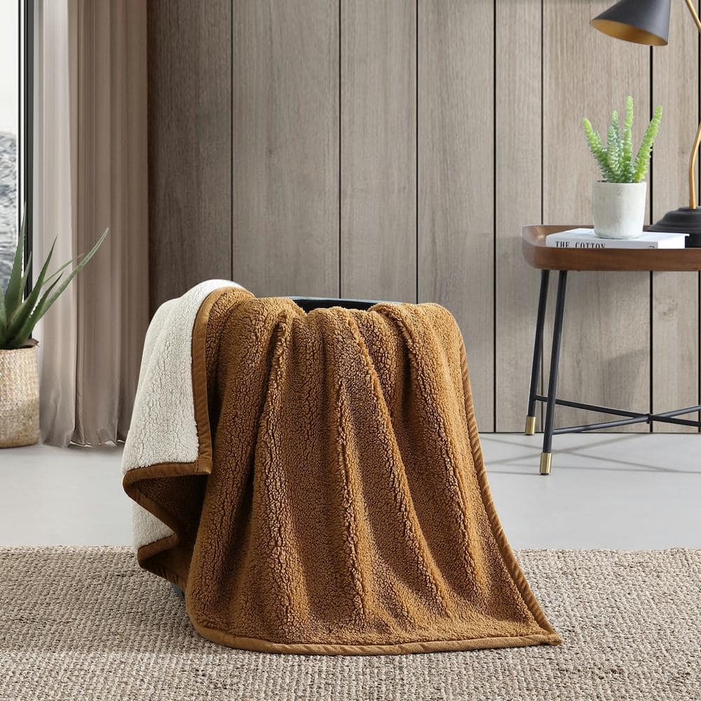 Bi-Colored Brown/Ivory Faux Shearling Reversible Throw Blanket