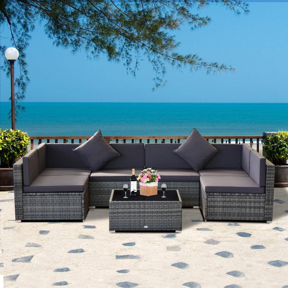 Outsunny Patio Life Ash Grey 7-Pieces Steel Plastic Rattan Patio Conversation Set with Grey Cushions - 1