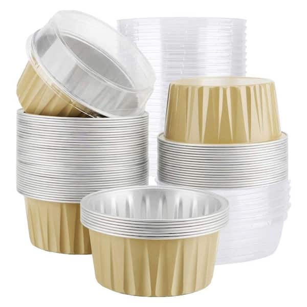5 oz. Aluminum Foil Cupcake Cups with Lids Round Dessert Baking Cups with Clear Lids for Flan Cheesecake 50-Pieces