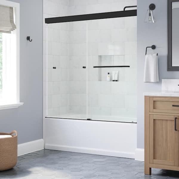 Delta Portwood 60 in. W x 58 in. H Semi-Frameless Sliding Tub Door in Matte Black with 6mm Clear Glass