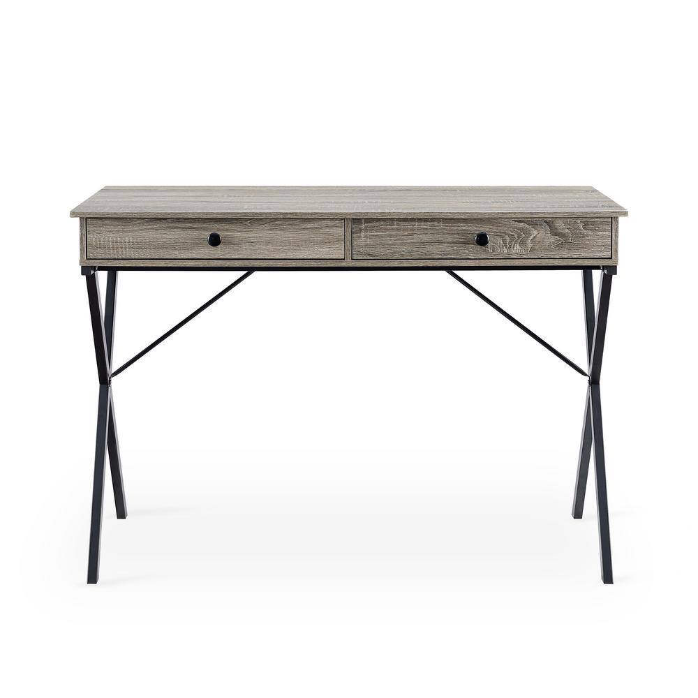 43.2 in. Gray Wash 2-Drawers Writing Desk with Black Stoving Varnish Steel 