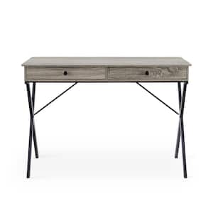43.2 in. Gray Wash 2-Drawers Writing Desk with Black Stoving Varnish Steel Frame MDF Table Top
