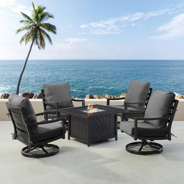 Oakland Living Black 6-Piece Aluminum Patio Fire Pit with 4-Club Chairs Black Cushions