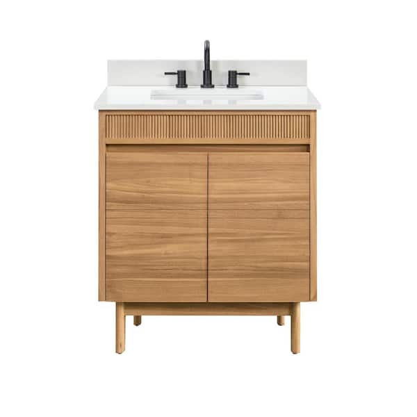 Kayla 31 in. Single Sink Natural Teak Bath Vanity with White Engineered Stone Top