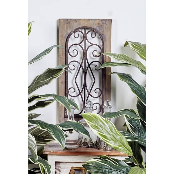 Litton Lane 11 in. x 23 in. Wood Brown Window Inspired Scroll Wall Decor with Metal Scrollwork Relief