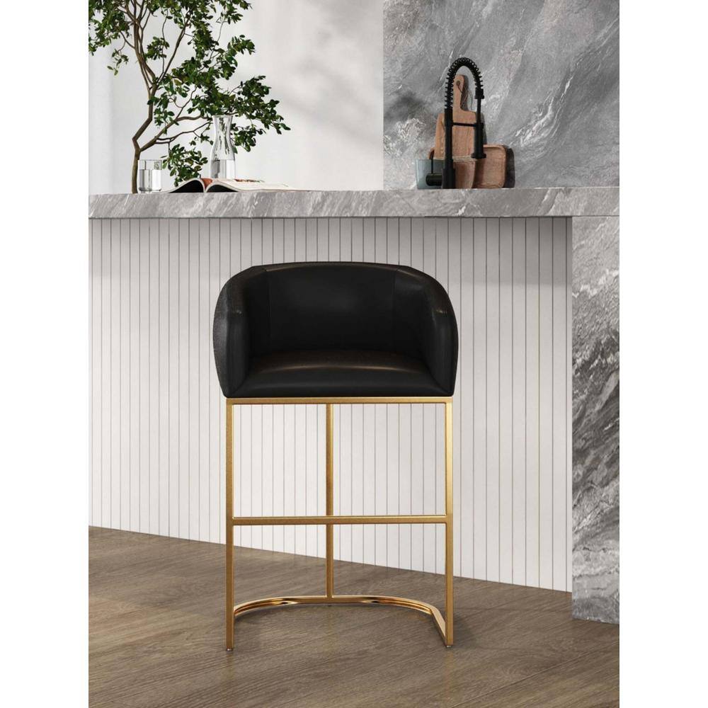 Black Leather and Gold Metal Curved Counter Stool