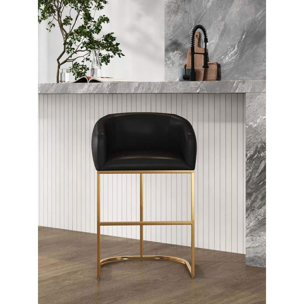 Black Leather and Gold Metal Curved Counter Stool