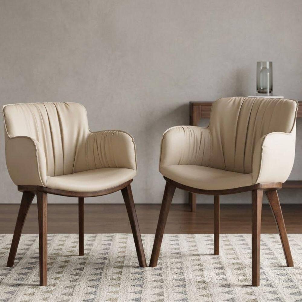 Esmeray Beige/Rich Walnut Leatherette Side Chair Set of 2 with Solid Rubberwood Frame and Tapered Legs
