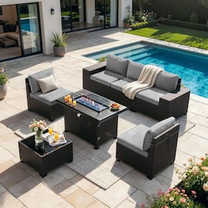 7-Piece Wicker Patio Conversation Set with 55000 BTU Gas Fire Pit Table and Glass Coffee Table and Grey Cushions