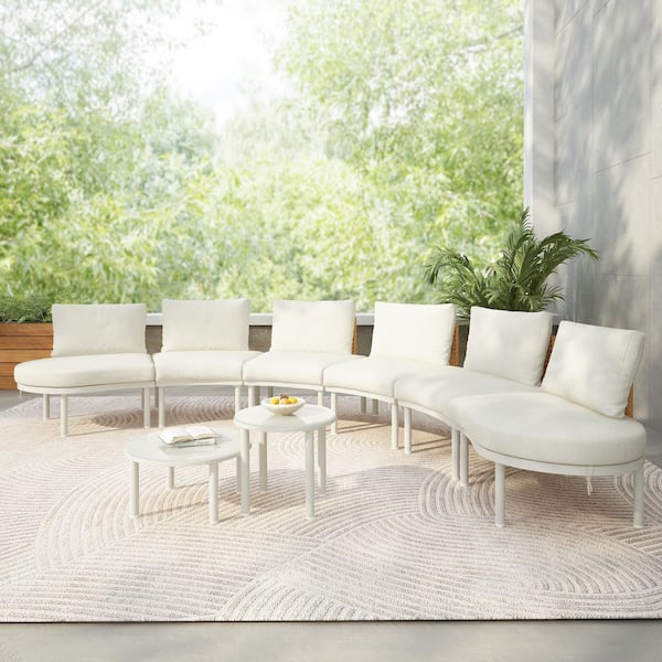 Runesay 8-Piece Rattan Wicker Outdoor Patio Half Moon Conversation Sectional Sofa Set with Beige Cushions and Coffee Table
