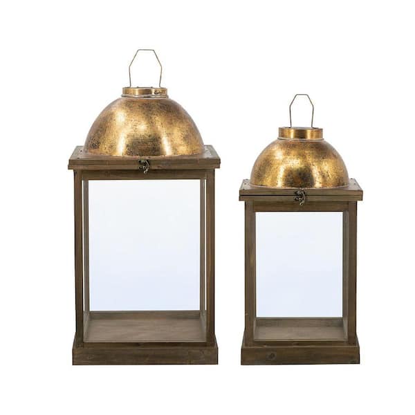 29 in. x 14 in. Brown Wooded Lantern 2-PC with Clear Glass Panels