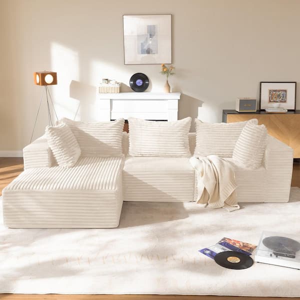 111 in. 3-Piece Rabbit Plush Fabric L-Shape Modular Boneless Sectional Sofa, Deep Seat Cloud Couch with Chaise in White