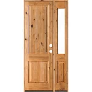 44 in. x 96 in. Rustic knotty alder Left-Hand/Inswing Clear Glass Clear Stain Square Top Wood Prehung Front Door w/RHSL