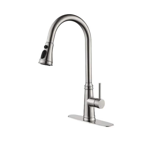 Mondawe Single Handle Tulip Kitchen Faucet with Pull Down Sprayer in Brushed Nickel Deckplate Included