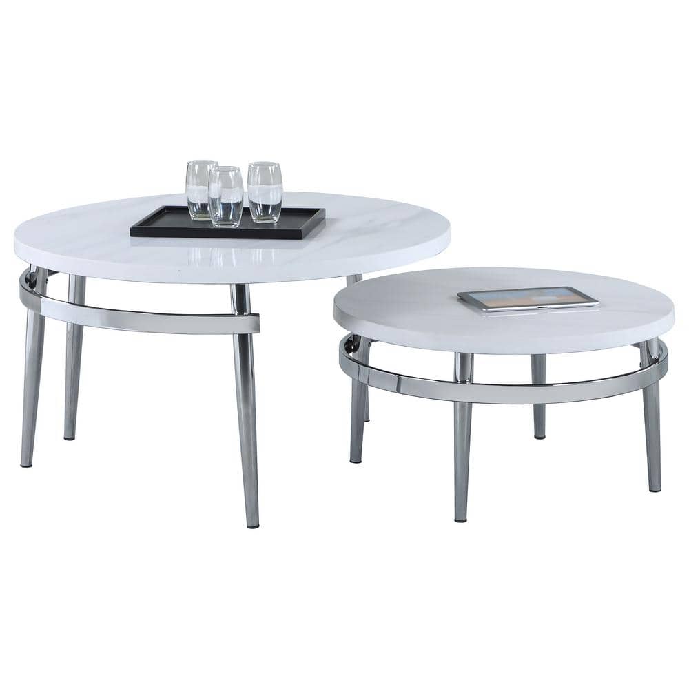 White Marble and Chrome Round Nesting Coffee Table Set