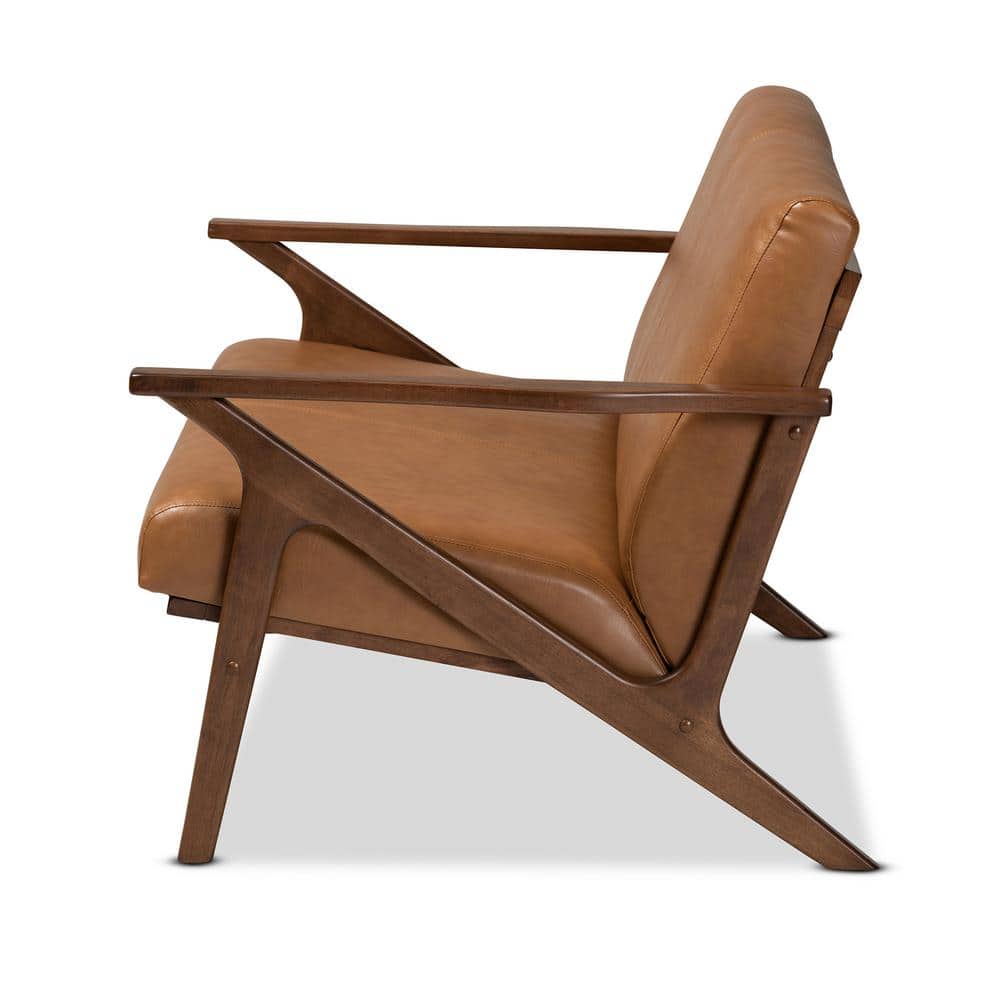 Mid-Century Modern Tan Faux Leather and Walnut Wood Loveseat