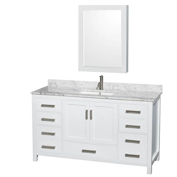 Wyndham Collection Sheffield 60 in. W x 22 in. D x 35 in. H Single Bath Vanity in White with White Carrara Marble Top and MC Mirror
