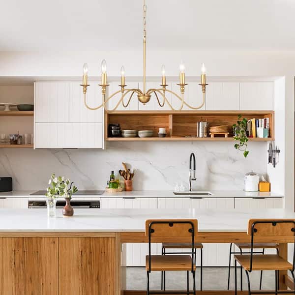 6-Light Gold Rustic Candlestick Linear Chandelier Lighting for Kitchen Island with No Bulbs Included