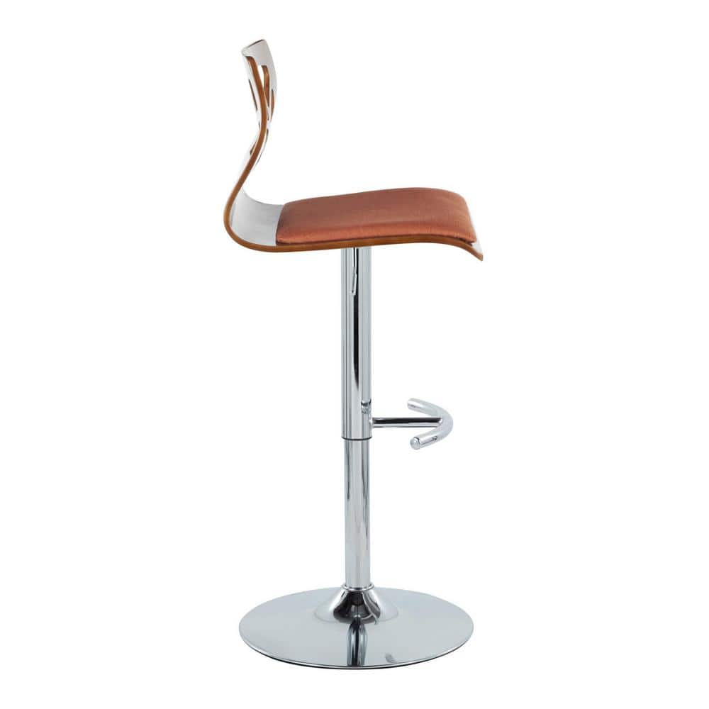 Walnut Wood and Orange Fabric Adjustable Swivel Barstool