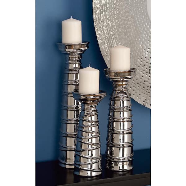 Litton Lane Silver Ceramic Candle Holder (Set of 3) 71691 - The Home Depot