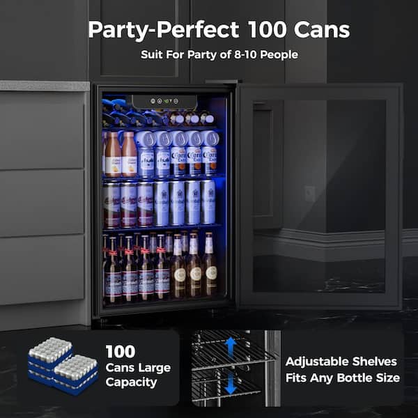 17.4 in. Single Zone 100-Cans Freestanding/Countertop Beverage Refrigerator Cooler Fridge in Black, Frost-Free