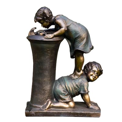 27 in. Tall Indoor/Outdoor Girl and Boy Drinking Water Fountain Yard Art Decoration