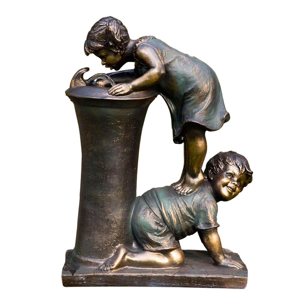 27 in. Tall Indoor/Outdoor Girl and Boy Drinking Water Fountain Yard Art De