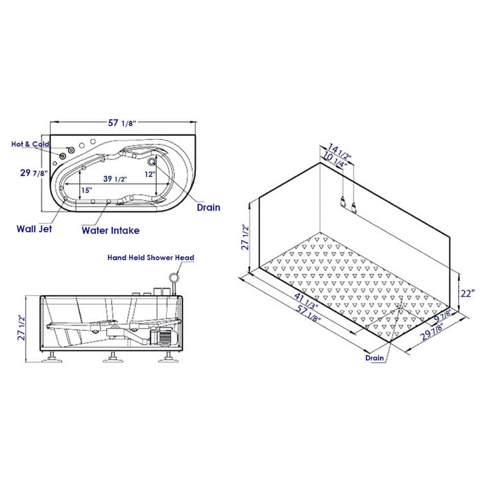 57'' White Acrylic Corner Whirlpool Bathtub with Faucet