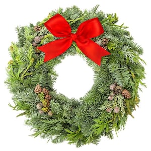 22 in. Fresh Mixed Christmas Wreath with Bright Red Bow and Frosted Pine Cones