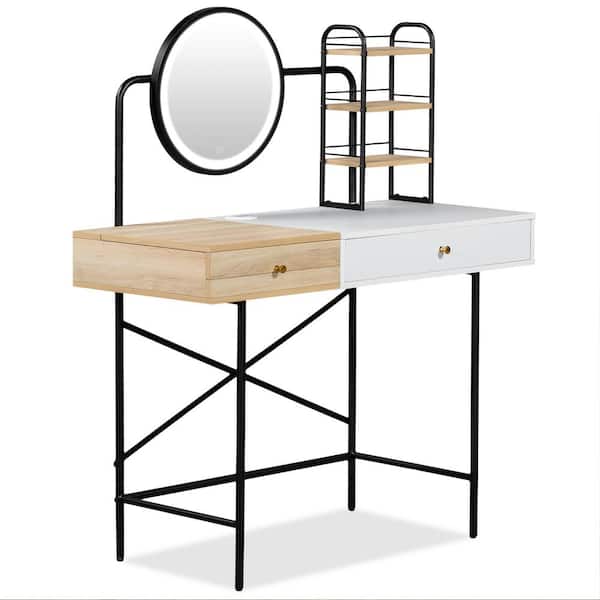 1-Drawer White Makeup Vanity Table Wooden Dressing Desk with 3-Mode Lighted Mirror, Wireless Charging Station, 3 Shelves