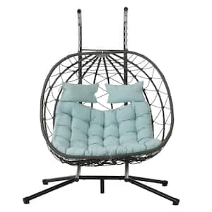 Large 2-Person Gray Wicker Double Swing Egg Chair with Black Stand and Blue Cushions, Adjustable Height, Attached Ties