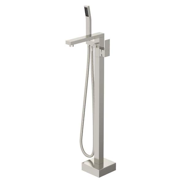 Single Handle Freestanding Bathtub Faucet Floor Mount Tub Filler with Hand Shower and Swivel Spout in Brushed Nickel