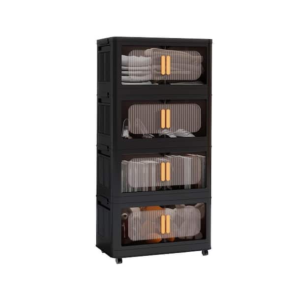 48 in. H x 24 in. W Black Plastic Folding Storage Cabinet with Wheels 4-Tier Collapsible Storage Bins with Magnetic Door