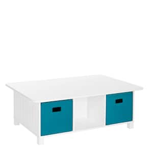 White Rectangular Kids Desk, Activity and Play Table with 6-Storage Cubbies with 2-Turquoise Fabric Bins