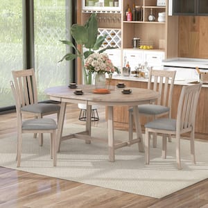 5-Piece Natural Wood Wash Round MDF Veneer Acacia Top Dining Table Set with Extendable Table and 4-Chairs
