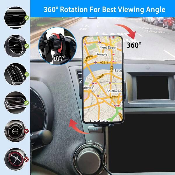 Unbranded - Car Wireless Phone Air Vent Phone Mount Holder Bracket w/ Fast Charge 15 and 10-Watt 7.5-Watt Automatic Clamping Black